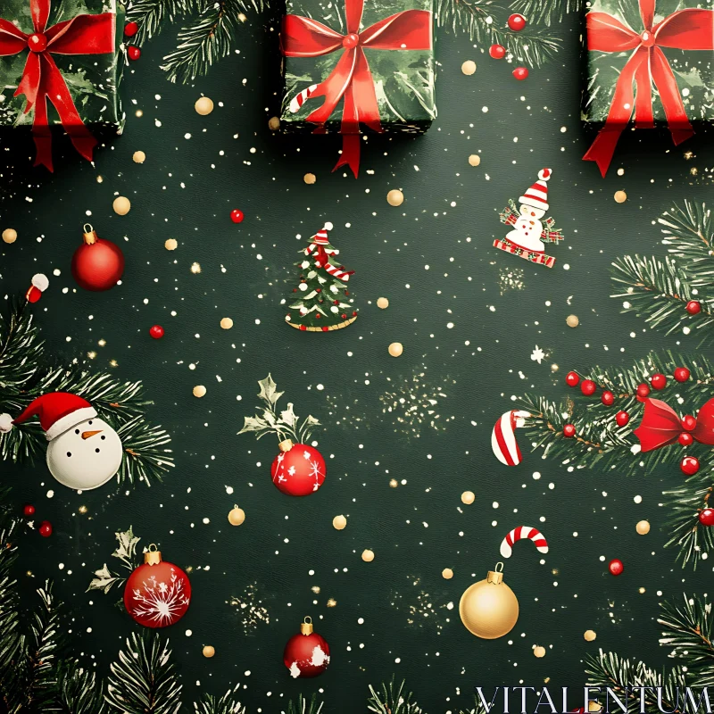 Holiday-Themed Wrapping Paper with Festive Decorations AI Image