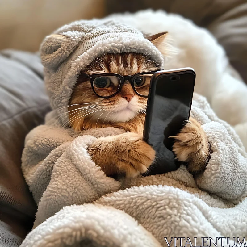 Feline in Glasses and Hoodie Using Smartphone AI Image