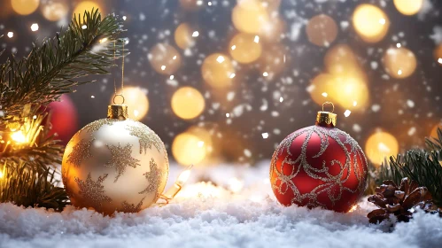 Festive Holiday Ornaments in Snow with Warm Bokeh Lights