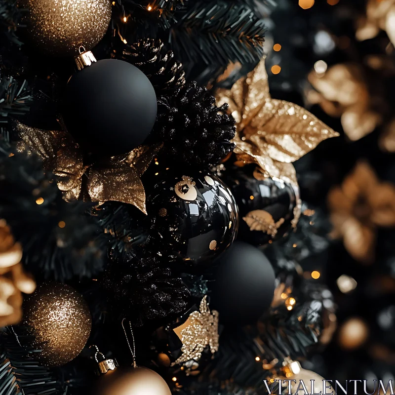 Festive Christmas Tree with Black and Gold Decorations AI Image