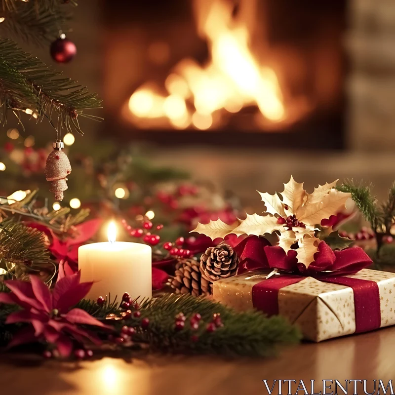 Festive Holiday Decorations by the Fireplace AI Image