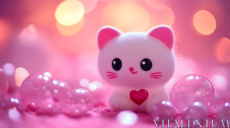 Cute Cat Doll with Bubbles and Pink Bokeh Background AI Image