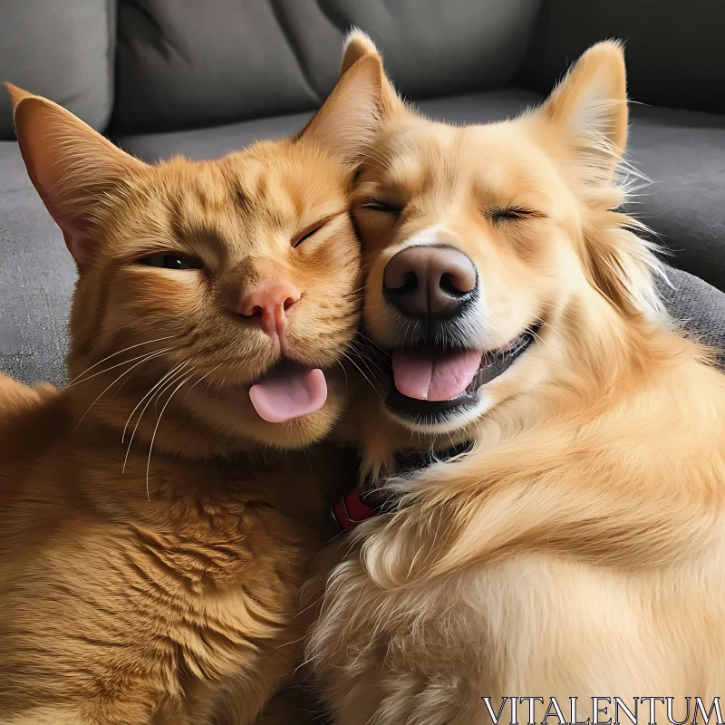 Cuddling Cat and Dog Displaying Friendship AI Image