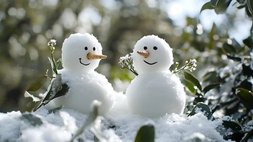 Smiling Snowmen Amid Snowy Landscape