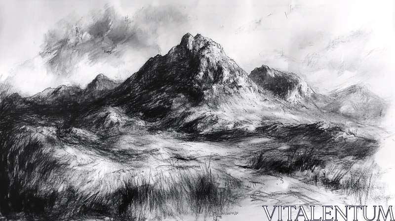 Monochrome Mountain Landscape Drawing AI Image