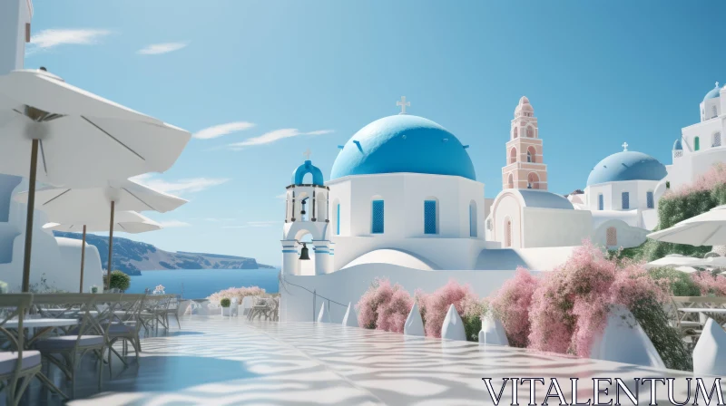 3D Greek-Inspired Outdoor Scenery with Coastal Landscape and Cherry Blossoms AI Image