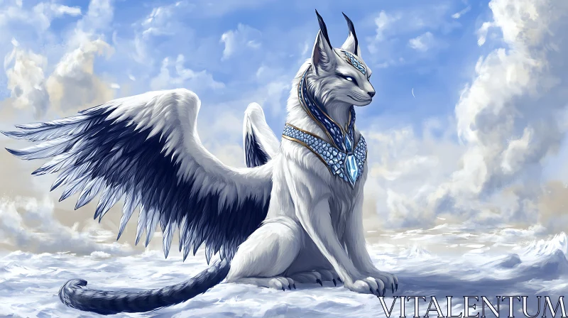 Enigmatic Winged Cat on Snowy Terrain AI Image