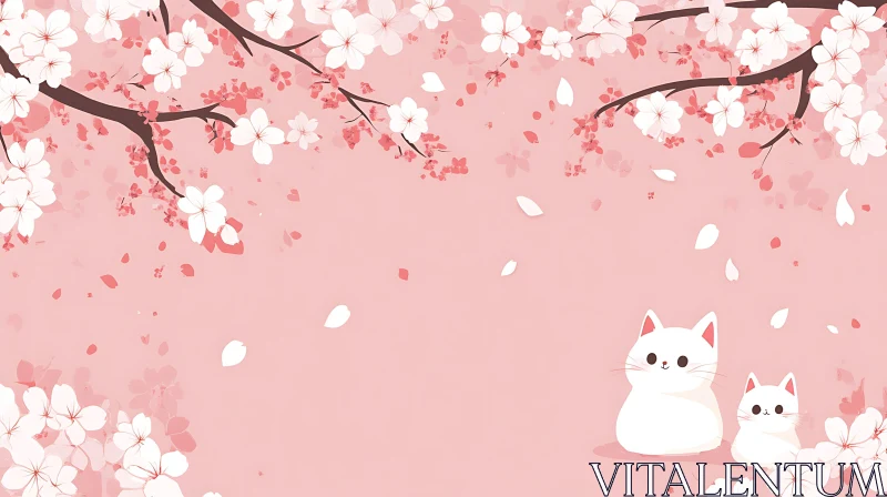 Cute White Cats Among Cherry Blossoms in Pink AI Image