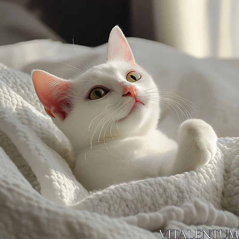 Elegant White Cat in Sunlit Room AI Image