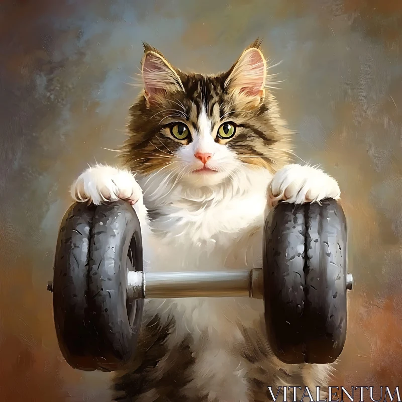 Strong Fluffy Cat with Dumbbell AI Image