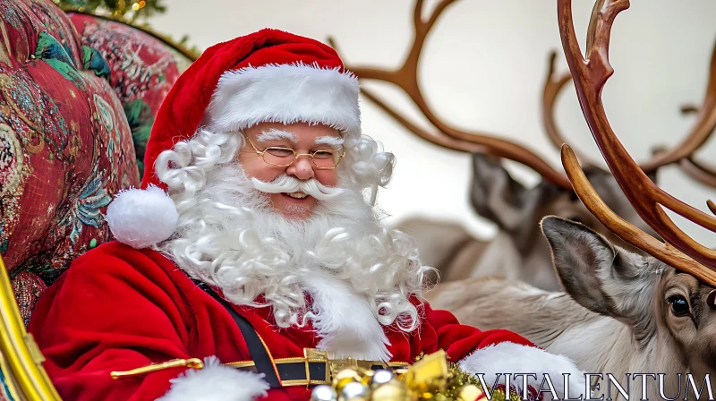 Santa Claus in a Decorative Sleigh with Reindeer AI Image