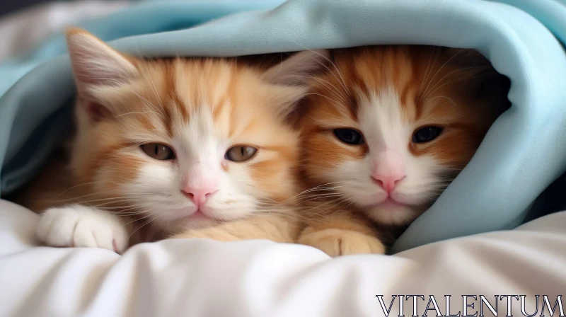 Adorable Ginger Kittens Peek-a-Boo Under Blue Blanket AI Image