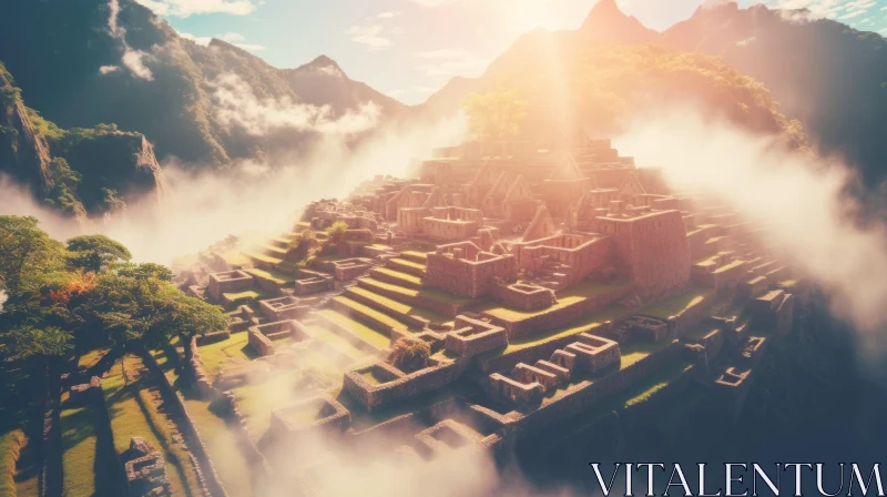 Aerial View of Machu Picchu: Golden Light and Mist AI Image