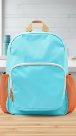 Blue Backpack with Orange Mesh Pockets on Wooden Table