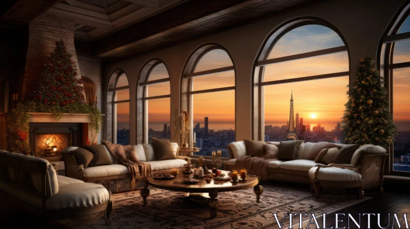 Breathtaking Living Room with City View at Sunset | Ornate Architectural Elements AI Image
