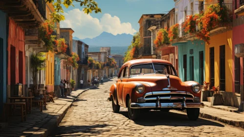 Captivating Orange Car on Cobblestone Street: A Nostalgic Journey