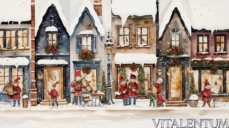 Charming Watercolor Christmas Street Illustration AI Image