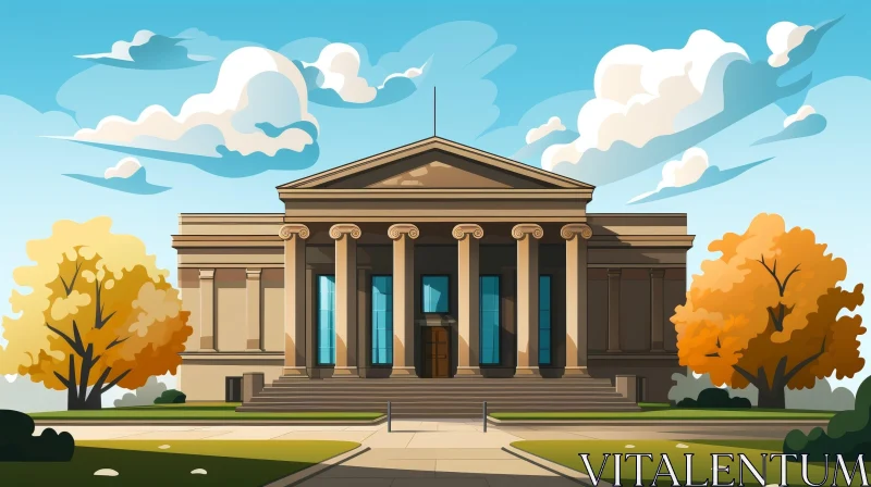 Classical Building with Ionic Columns and Trees AI Image