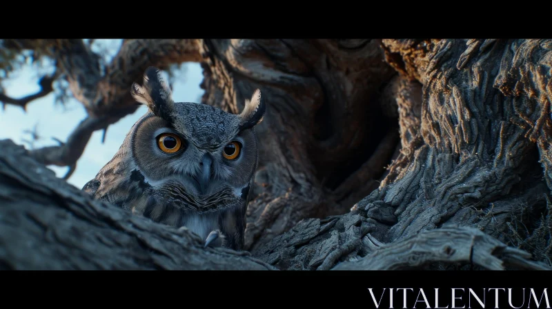 Close-up of a Realistic Owl Perched on a Tree Branch AI Image