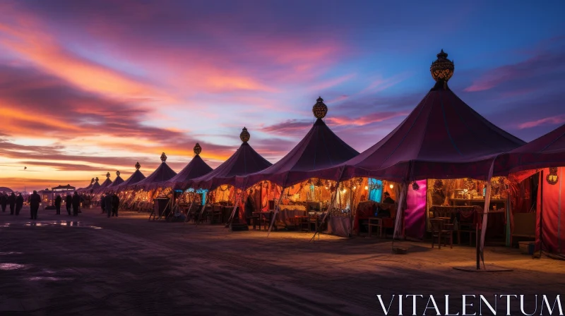 Colorful Tents on a Beach: Richly Colored Skies and Exotic Atmosphere AI Image
