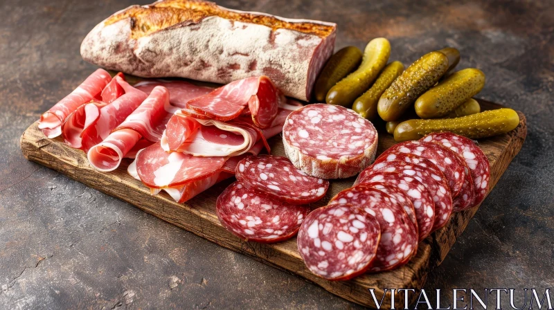 AI ART Delicious Cured Meats and Pickles on a Wooden Cutting Board