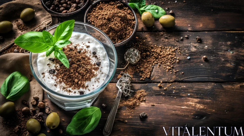 Delicious Glass of Yogurt with Basil Leaf and Coffee AI Image