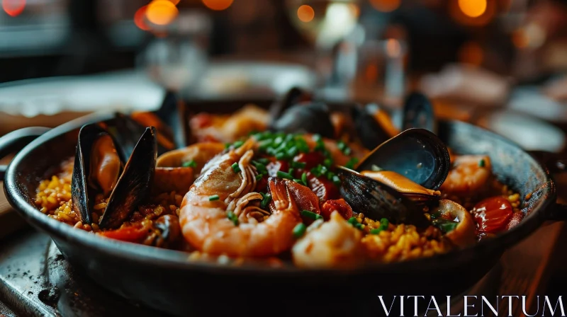 Delicious Paella: A Close-Up of a Flavorful Seafood and Vegetable Dish AI Image