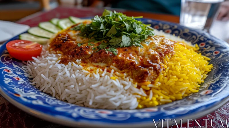 Delicious Plate of Food: White Rice, Yellow Rice, and Chicken Tikka Masala AI Image
