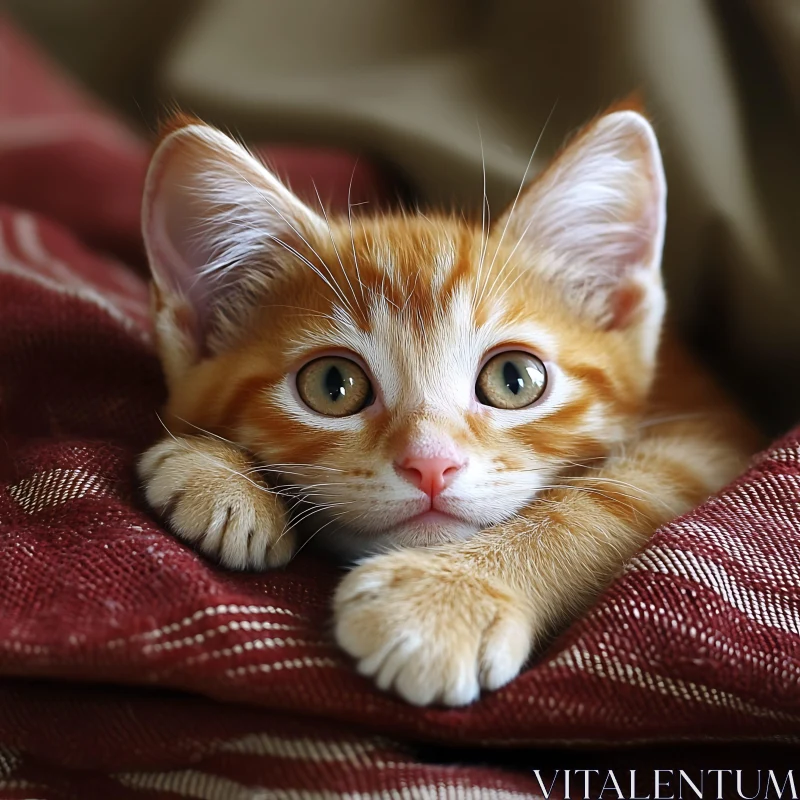 Charming Kitten Lounging on Cozy Red Blanket AI Image