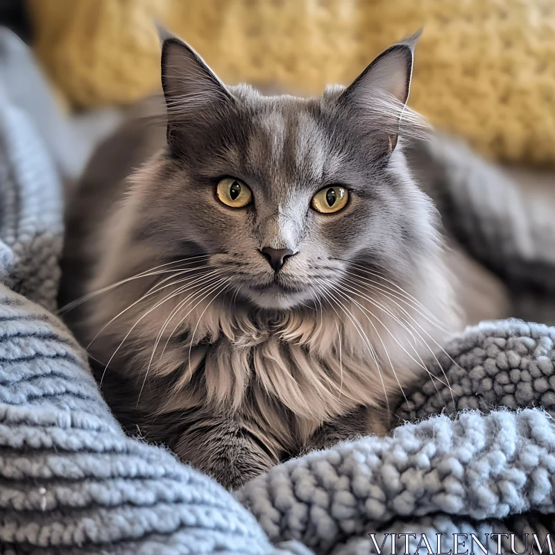 Fluffy Grey Feline Resting in Blankets AI Image