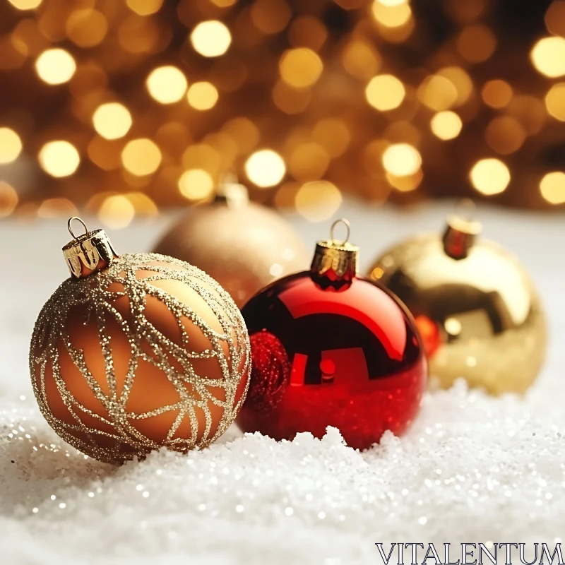 Christmas Decorations with Golden Ornaments and Bokeh Lights AI Image