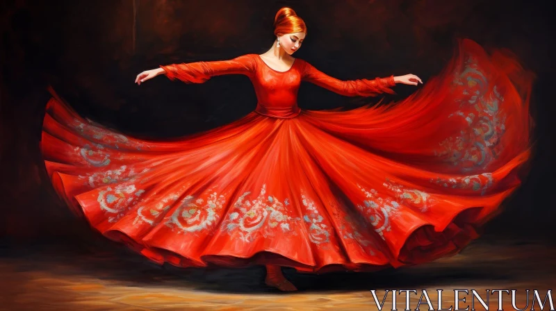 Graceful Woman Dancing in Red Dress AI Image