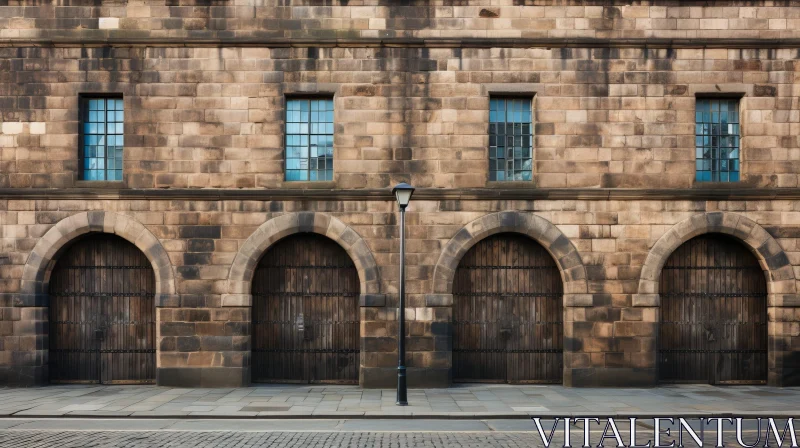 Stone Building with Arched Wooden Doors and Street Lamp AI Image