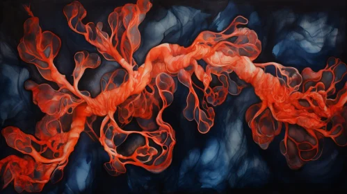 Surreal Abstract Painting with Red Vein-Like Structure