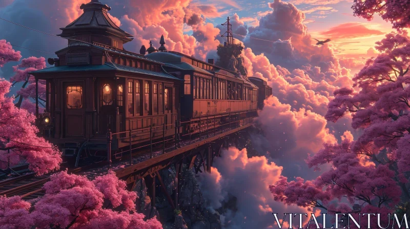 Tranquil Landscape: Train Crossing Bridge Above Clouds AI Image