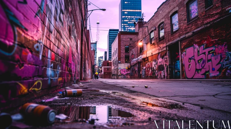 Urban Street Scene: Colorful Graffiti, Street Lamp, and Reflective Puddle AI Image