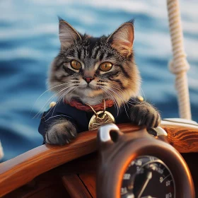 Nautical Feline – Cat Steers Boat in the Sea