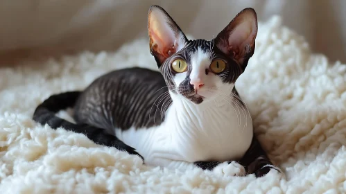 Sphynx Cat on White Blanket with Yellow Eyes