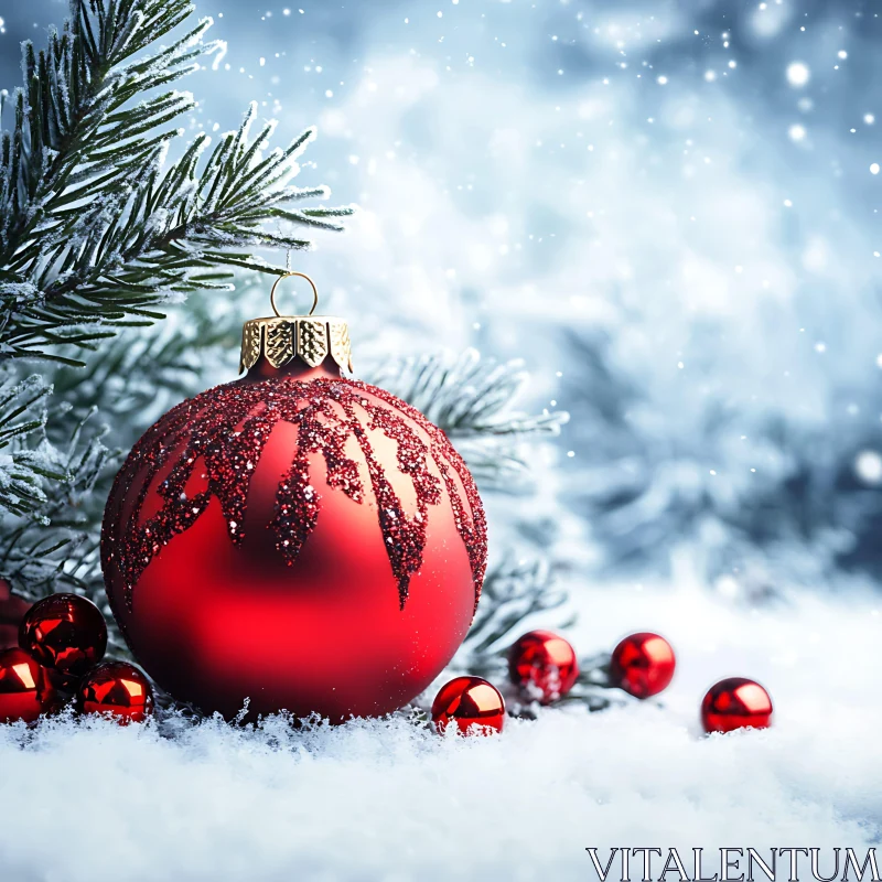 Holiday Red Bauble in Winter Wonderland AI Image