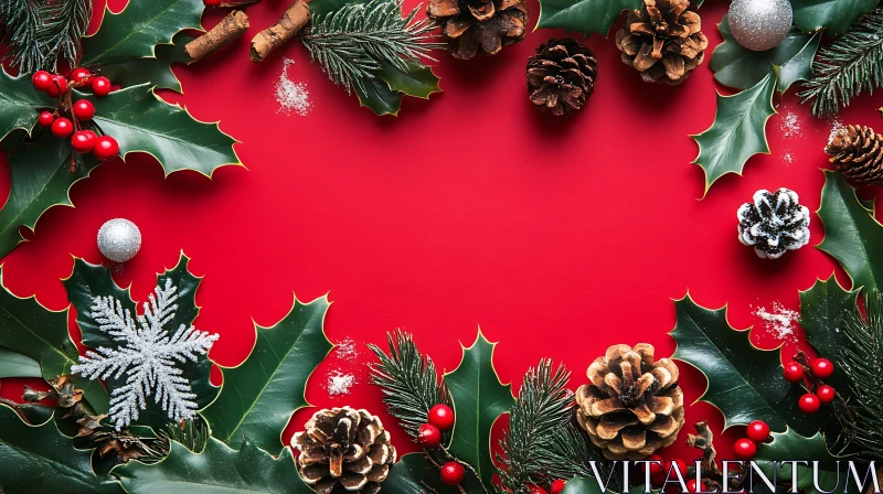 Holiday Decorations with Holly, Pinecones, and Red Berries AI Image