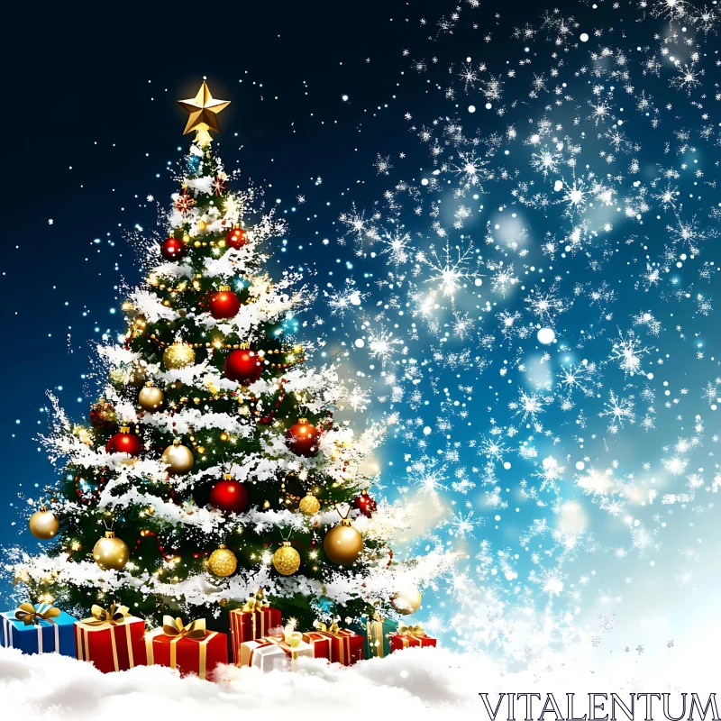 Magical Christmas Tree with Sparkling Snow AI Image