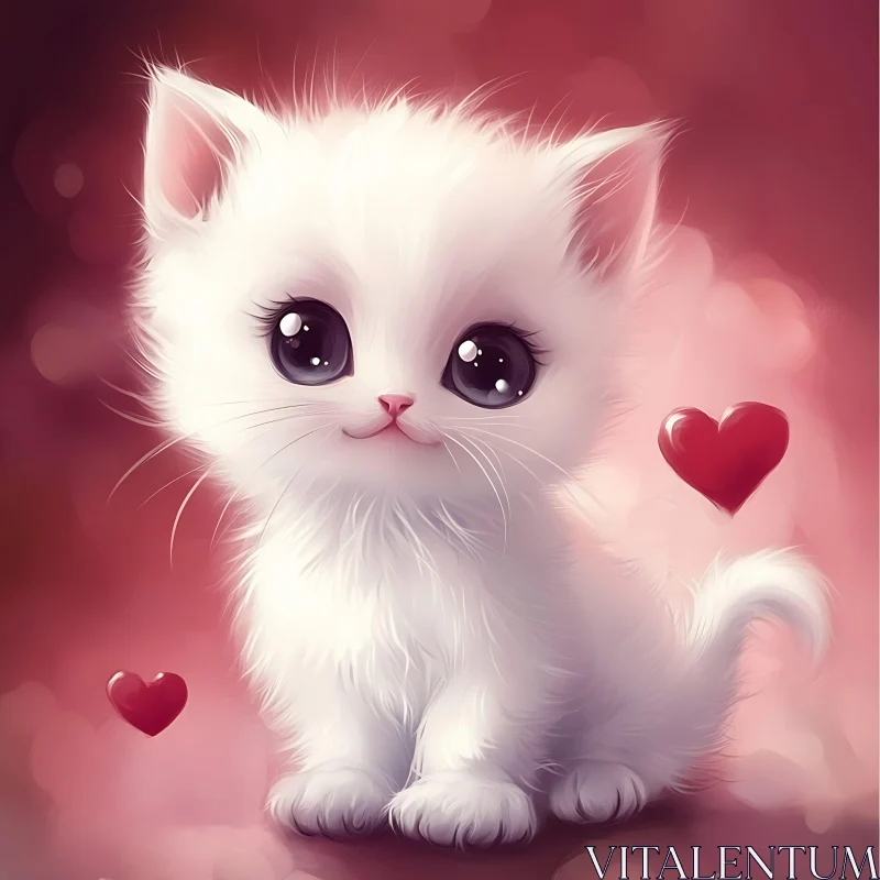 Cute Fluffy Kitten with Hearts AI Image