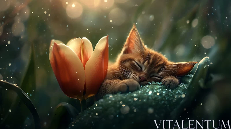 Serenity of a Sleeping Kitten with a Flower AI Image