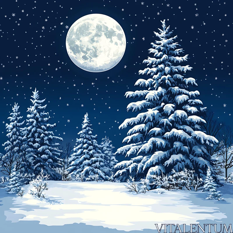 Snowy Winter Night with Full Moon in Forest AI Image