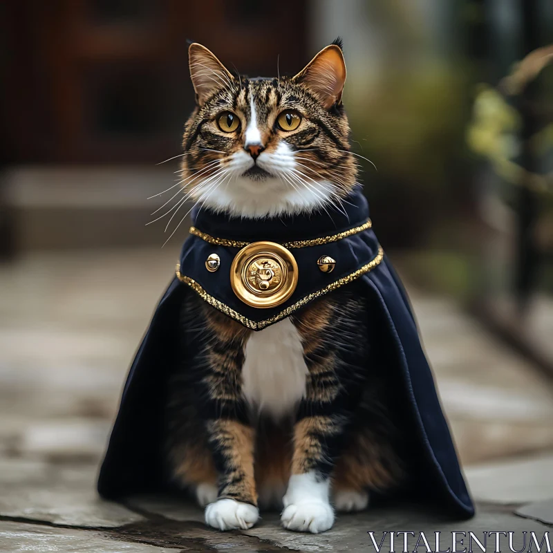 Noble Cat in Elegant Cape with Gold Details AI Image