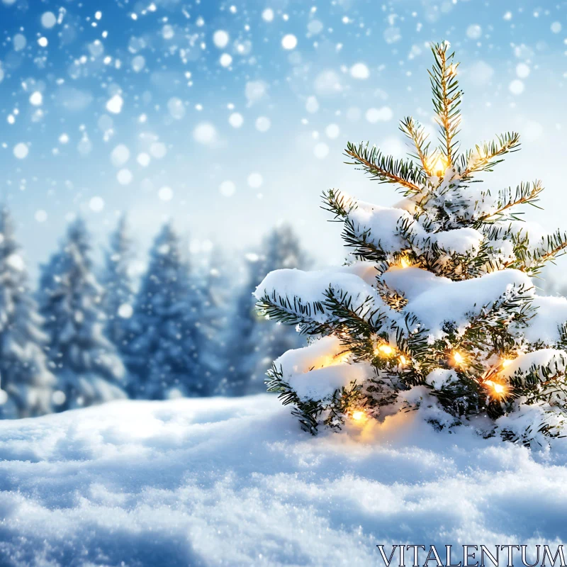 Snow-Covered Christmas Tree with Lights AI Image