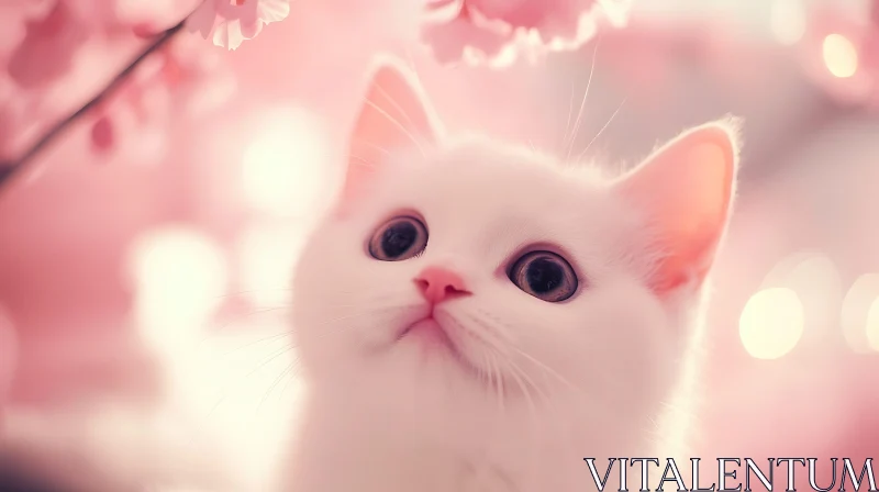 Adorable Kitten with Cherry Blossom Backdrop AI Image