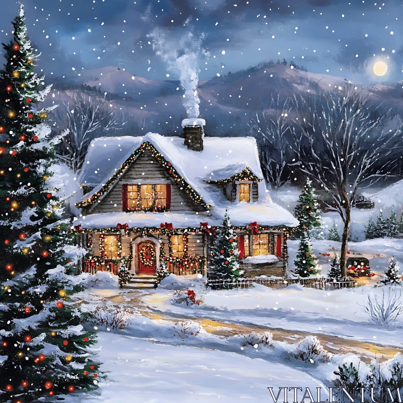 AI ART Snowy Christmas Cabin at Night