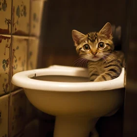 Kitten in Toilet with Vintage Tiles