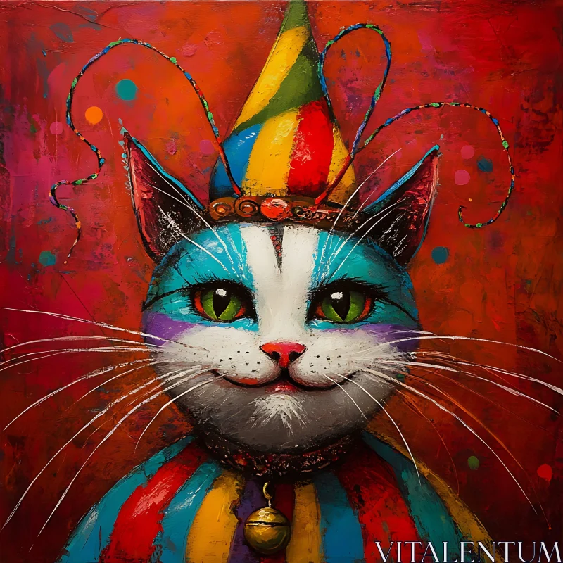 Playful Feline with Clown Hat in Bold Colors AI Image